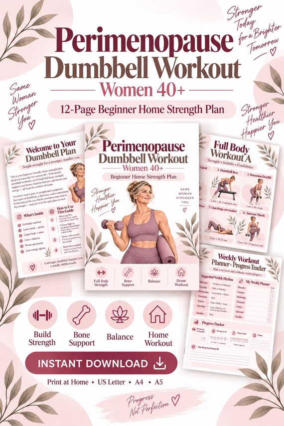 Menopause Strength Training Printable, Beginner Dumbbell Home Workout for Women 40+