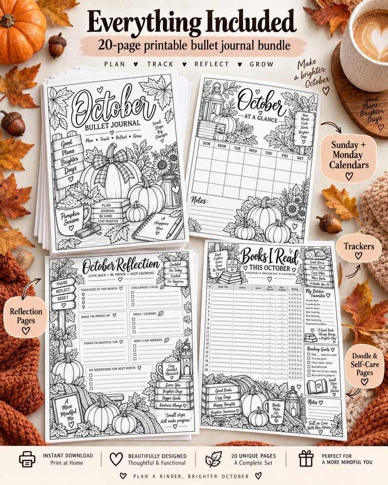 October Planner Printable, Pumpkin Bullet Journal, Black White Coloring Planner, Habit Mood Sleep Tracker PDF — original Etsy mockup 4