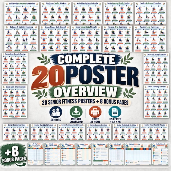 Senior Exercise Bundle Printable, 20 Fitness Posters + 8 Trackers, Strength Balance Mobility, Low Impact Workout PDF