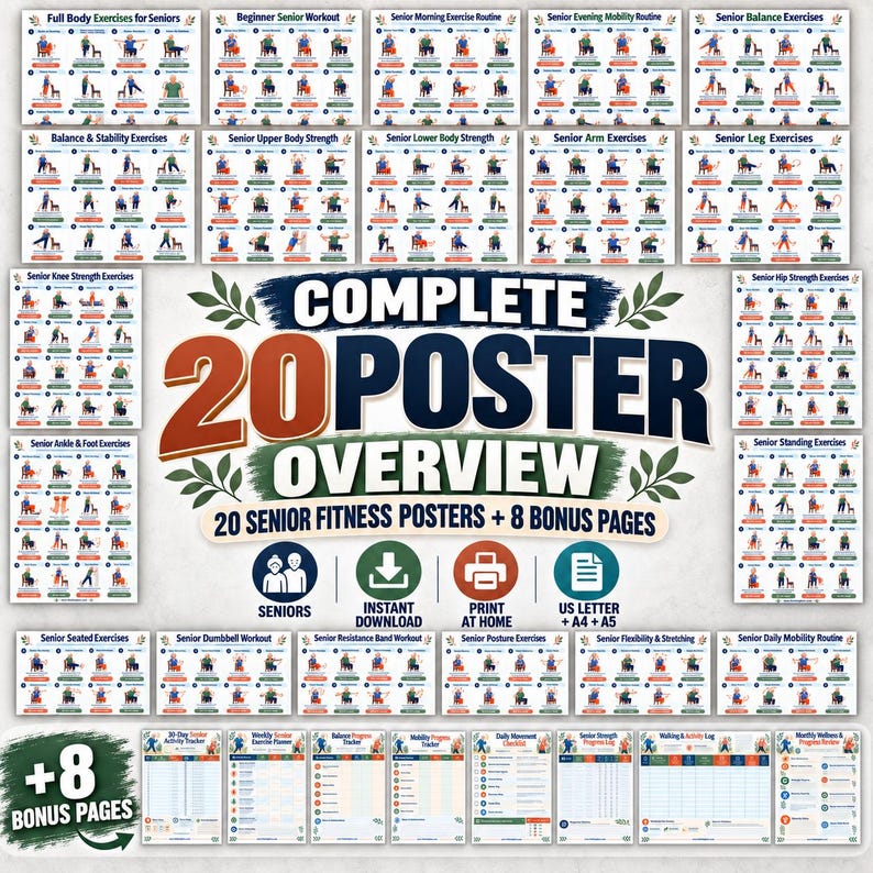 Exercise Posters for Seniors, 20 Low Impact Workout Charts + 8 Planners, Seated Standing Strength Balance PDF — original Etsy mockup 3