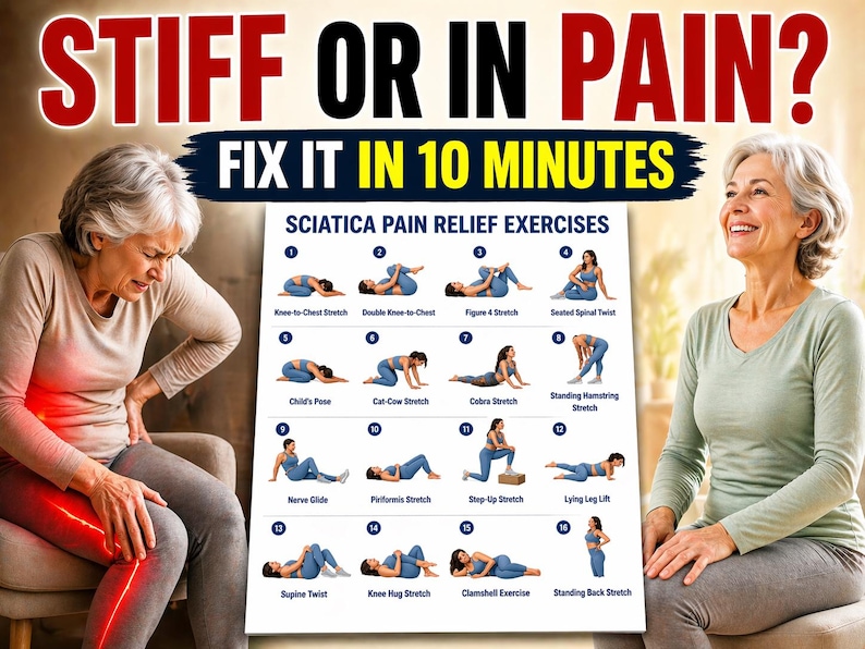 Sciatica Exercises Printable, Gentle Lower Back & Hip Stretch Routine, Sciatic Nerve Mobility Chart PDF — original Etsy mockup 2