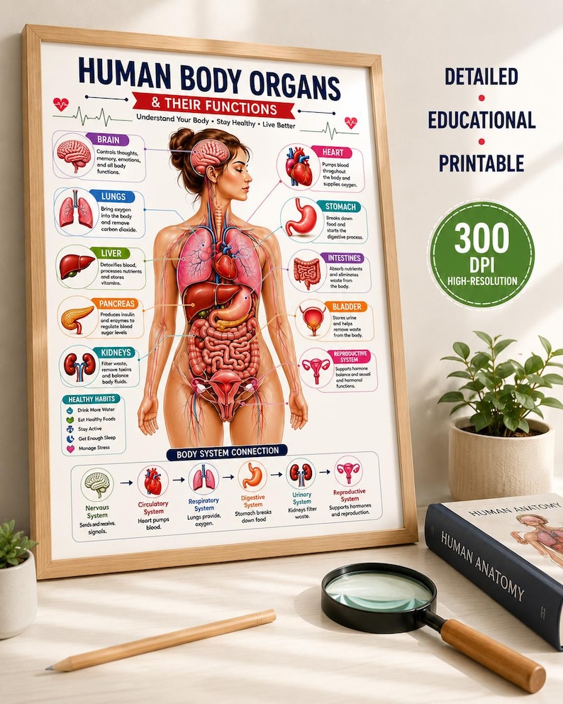Human Body Anatomy Poster Printable, Organs & Functions, Anatomy Worksheets for Kids, Body Systems Activity, Homeschool Science PDF — original Etsy mockup 8