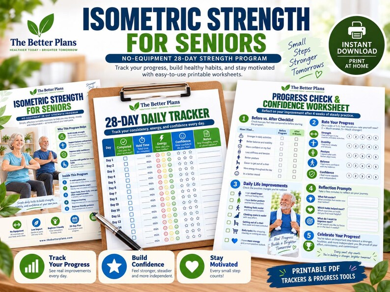 Senior Strength Workout Printable PDF, Isometric Exercises for Seniors, 4 Week Low Impact Home Program with Tracker — original Etsy mockup 8