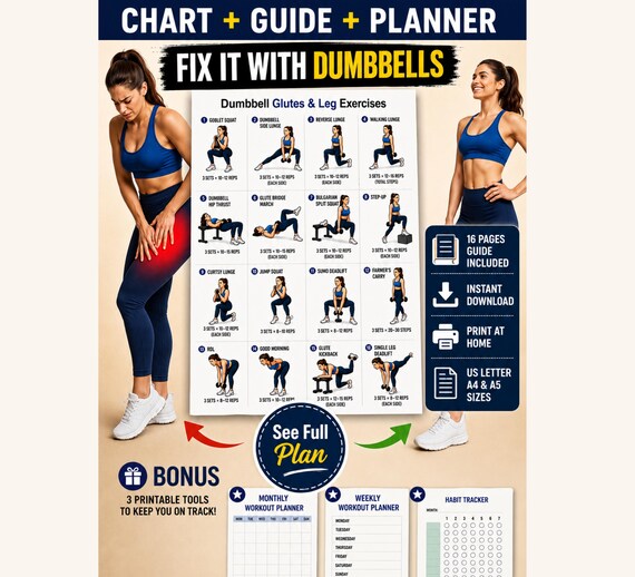 Dumbbell Glutes & Legs Workout Printable | Lower-Body Strength Exercise Chart