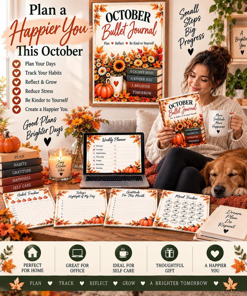 October Planner Printable, Fall Pumpkin Bullet Journal, 20 Page Habit Tracker, Mood Tracker, Self Care Journal PDF — original Etsy mockup 3