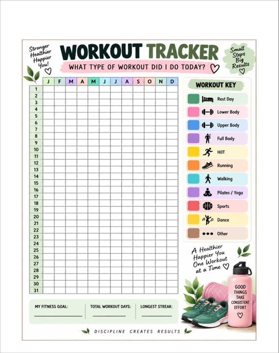Year in Pixels Workout Tracker Printable, Fitness Journal, Exercise Log (Digital Download)