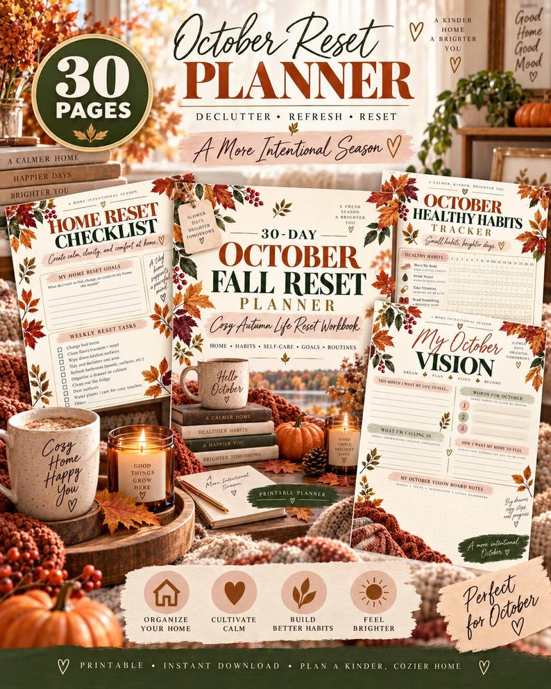 Autumn Reset Workbook Printable, 30 Page October Planner, Fall Home Organization Self Care Habit Tracker Goal Setting PDF — original Etsy mockup 6