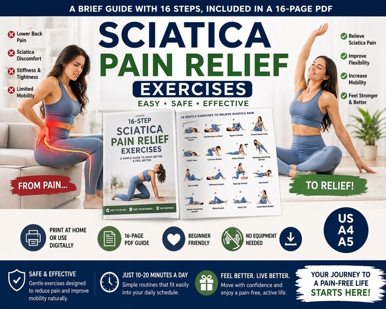 Sciatica Exercises Printable, Gentle Lower Back & Hip Stretch Routine, Sciatic Nerve Mobility Chart PDF — original Etsy mockup 3