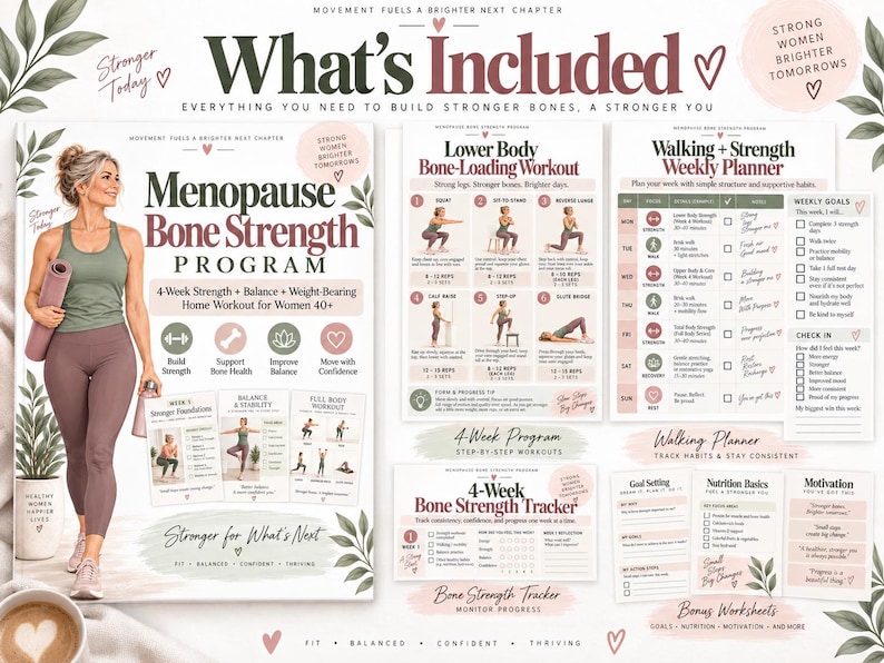 Menopause Bone Strength Program, 4-Week Strength & Balance Workout for Women 40+, Printable Home Fitness PDF — original Etsy mockup 2