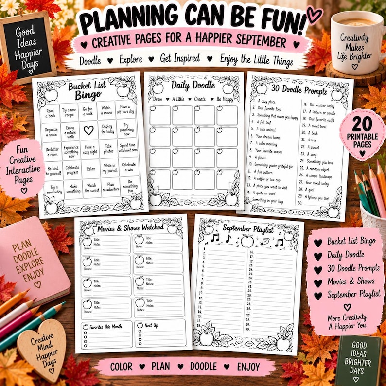 September Bullet Journal Printable, Fall Planner Bundle, Mood Habit Sleep Tracker, September Calendar, Self Care Journal PDF - BuJo — original Etsy mockup 6