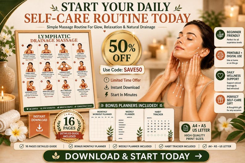 Lymphatic Drainage Massage Chart Printable | Self-Massage Wellness Guide — original Etsy mockup 4