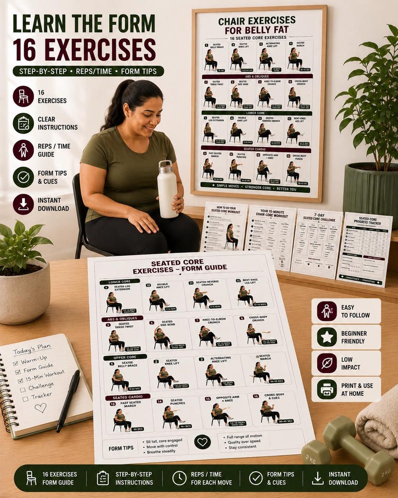 Chair Exercises for Belly Fat | 16 Seated Core Exercises to Strengthen Abs & Support Fat Loss | Printable Low Impact Workout Poster PDF — original Etsy mockup 2