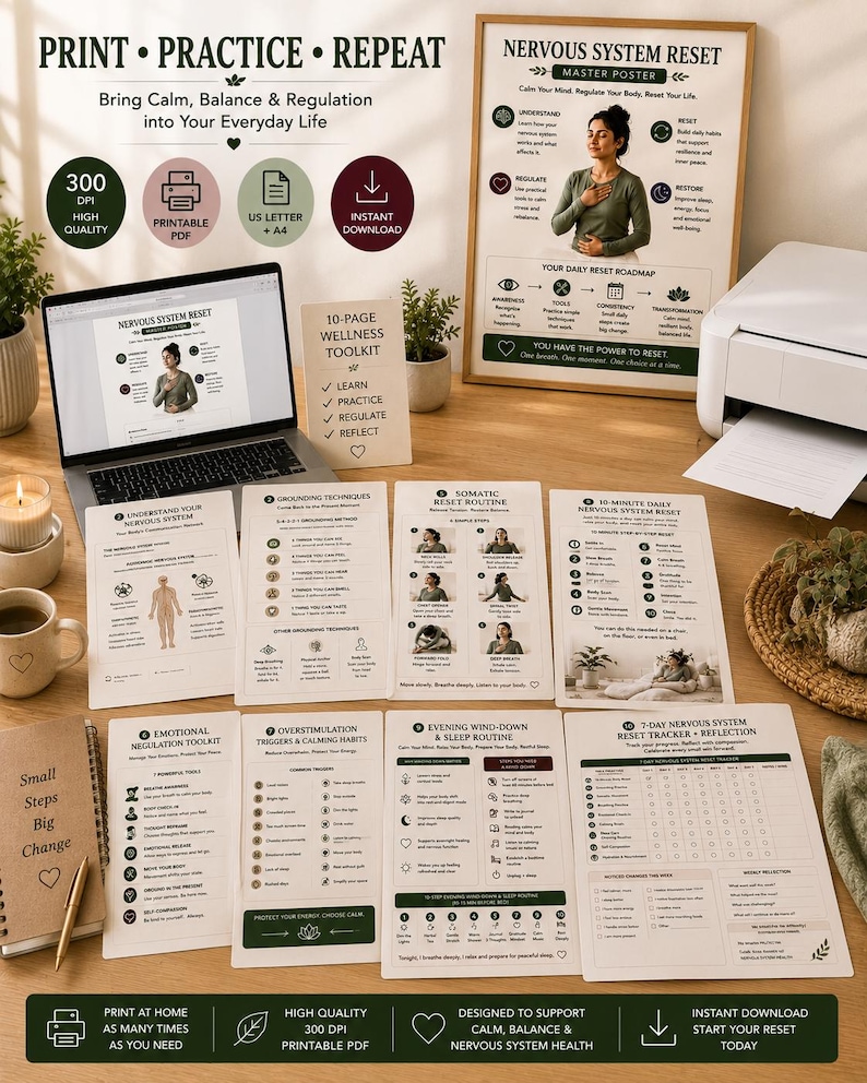 Nervous System Reset Printable Toolkit, Somatic Exercises, Stress Relief Guide (10 Page PDF) — original Etsy mockup 8