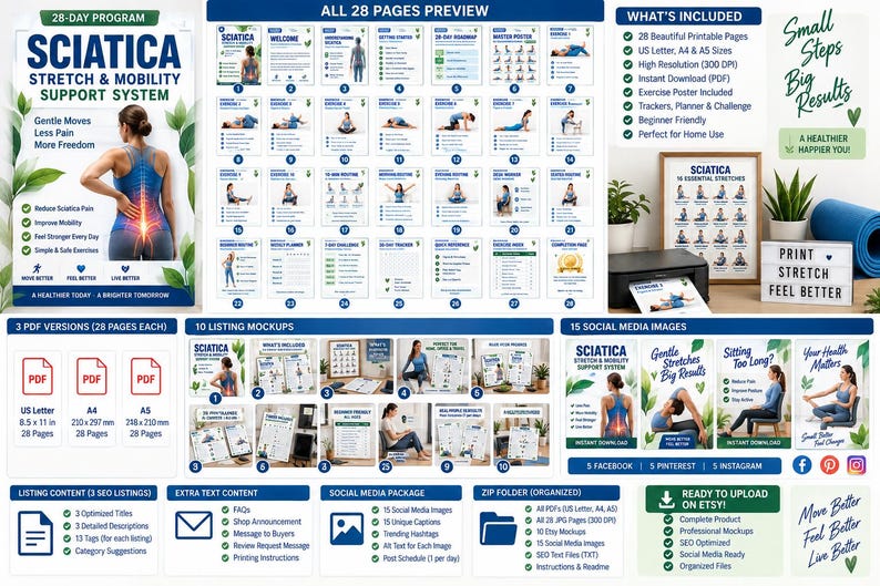 Sciatica Exercises Printable Bundle, Gentle Lower Back Stretches, Nerve Glides & Daily Mobility Routines — original Etsy mockup 9