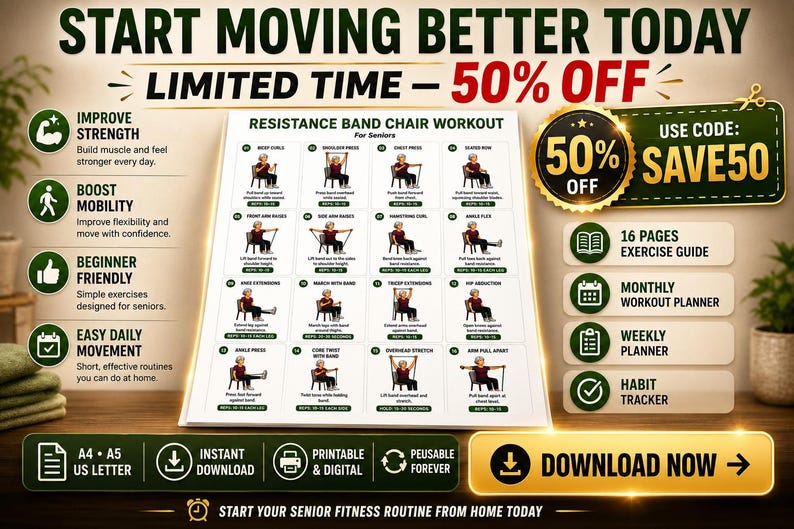 Senior Resistance Band Exercise Chart |Senior Workout Routine Printable | Resistance Band Exercises for Seniors | Fitness Poster PDF — original Etsy mockup 9