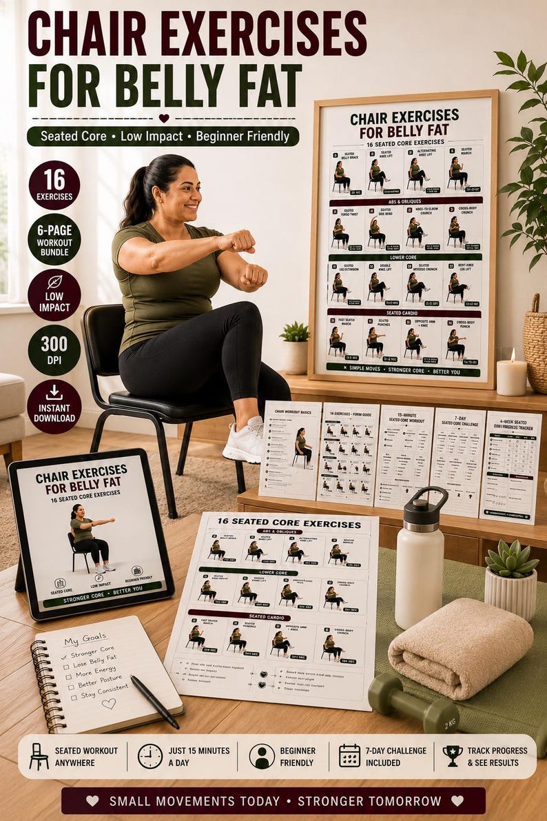 Chair Exercises for Belly Fat | 16 Seated Core Exercises to Strengthen Abs & Support Fat Loss | Printable Low Impact Workout Poster PDF — original Etsy mockup 9