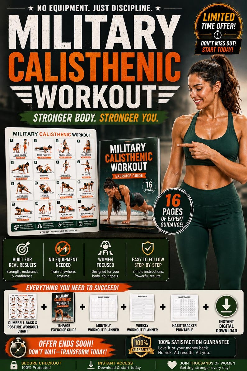 Military Calisthenics Workout Chart | Military Bodyweight Workout Plan | No Equipment Home Fitness Printable — original Etsy mockup 11