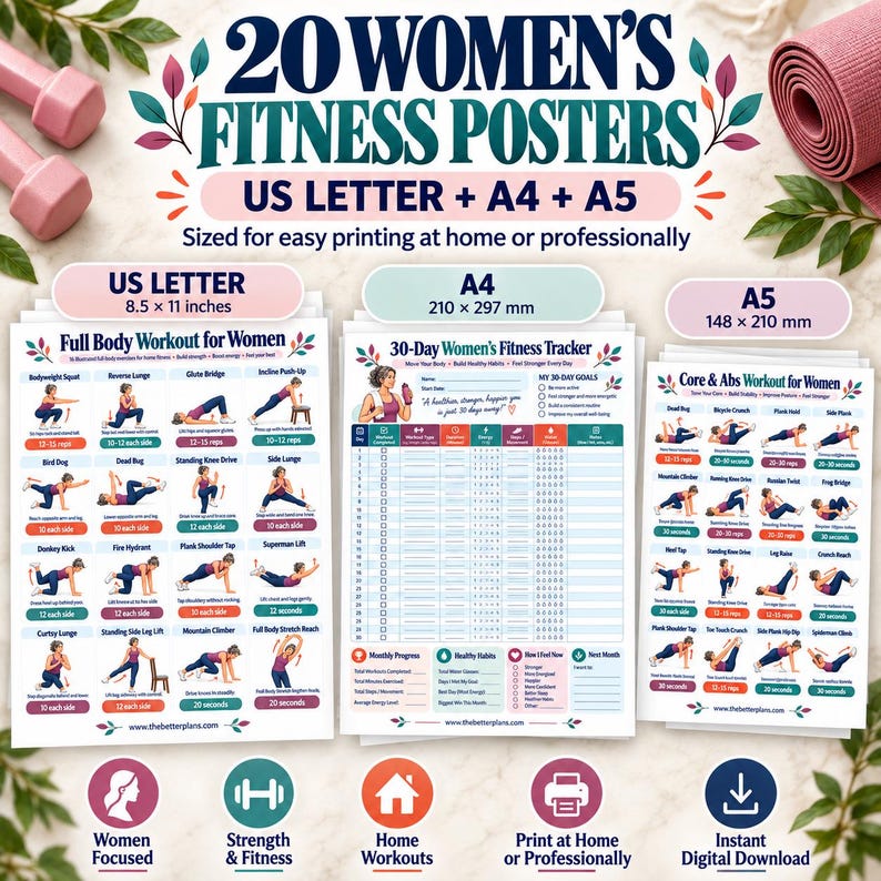 Home Workout Bundle for Women, 20 Exercise Posters + 8 Fitness Planners, Strength Dumbbell Pilates Mobility Printable PDF — original Etsy mockup 6