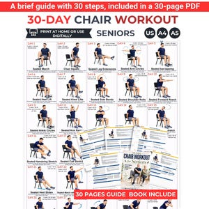 Op de afbeelding: Een 30-daagse stoelworkoutgids voor senioren, met oefeningen zoals zittende beenverlengingen en armcirkels. Bevat een PDF van 30 pagina's met 30 stappen. Print thuis of gebruik digitaal.
