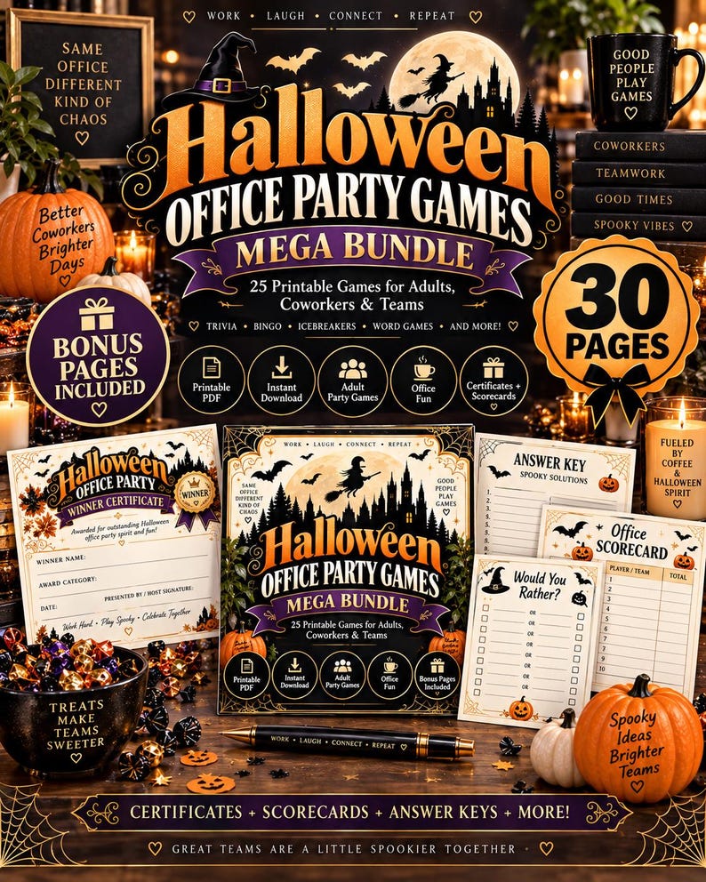 Halloween Office Party Games Mega Bundle, 30 Printable Games for Work, Coworker Team Building Activities, Adult Halloween Games PDF