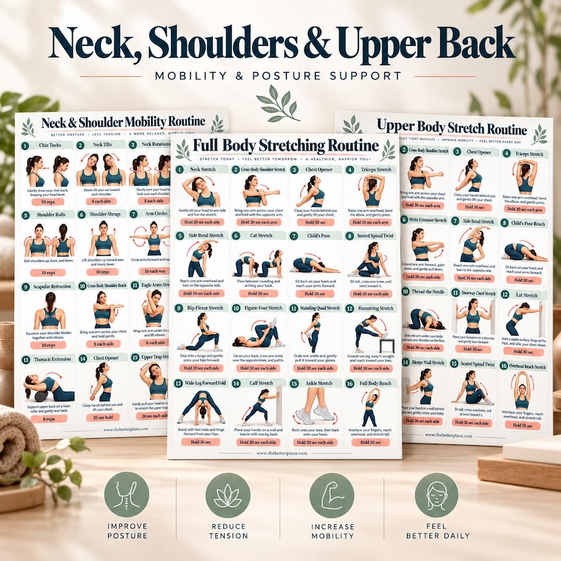 Mobility & Stretching Bundle Printable, 20 Exercise Posters + 8 Trackers, Full Body Flexibility Warm Up Cool Down PDF — original Etsy mockup 4