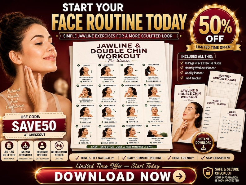 Jawline & Double Chin Exercises Printable | Face Yoga Neck Workout Chart — original Etsy mockup 8