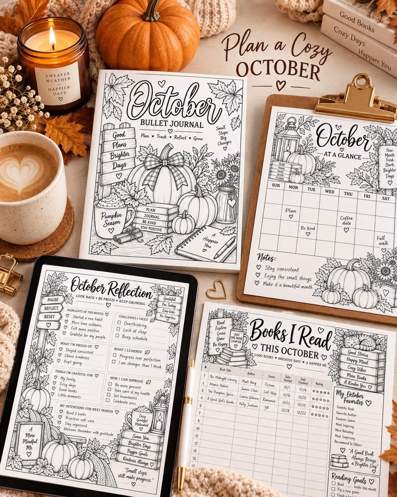 October Planner Printable, Pumpkin Bullet Journal, Black White Coloring Planner, Habit Mood Sleep Tracker PDF — original Etsy mockup 5