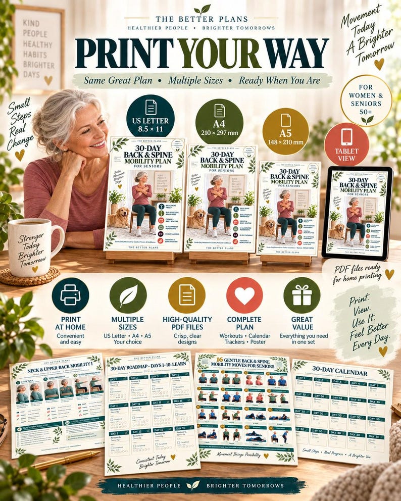 30-Day Back Mobility Plan for Seniors, Gentle Spine Exercise Printable, Seated Routines, Calendar and Tracker — original Etsy mockup 4