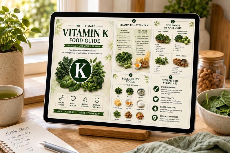 Vitamin K Food Chart & Nutrition Guide | Bone Health, K1 vs K2 (PDF) — original Etsy mockup 6