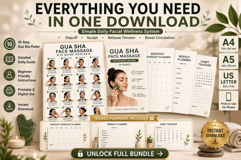 Gua Sha Face Massage Chart Printable, Facial Lymphatic Drainage Routine Poster, Skincare Self Massage Jawline Guide For Women, Gua Sha — original Etsy mockup 4