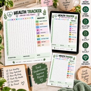 Può includere: Un set di tracker per la salute stampabile con una griglia per il monitoraggio quotidiano, una legenda a colori con icone per i sintomi e sezioni per obiettivi e note. Il design include il testo Health Tracker, How Did I Feel Today e Take Care, Track Progress, A Healthier You, presentato su fogli di carta e sullo schermo di un tablet.