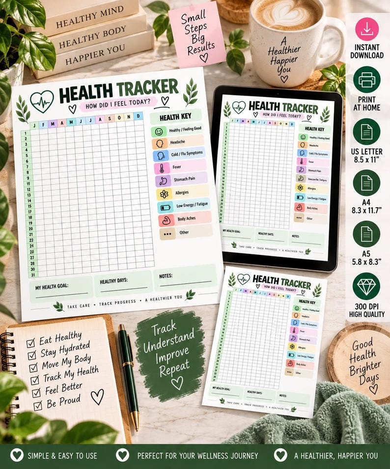 Health Tracker Printable, Year in Pixels Wellness Tracker, Symptom Tracker, Daily Health Log, Self Care Planner, Instant Download — original Etsy mockup 6