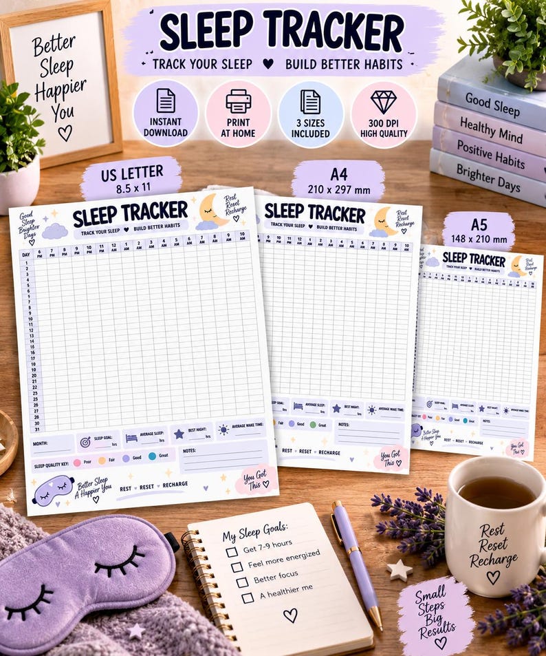 Sleep Journal Printable, Monthly Habit Tracker, Sleep Schedule Log, Bedtime Routine Planner, Sleep Quality Tracker, Wellness Journal PDF — original Etsy mockup 5