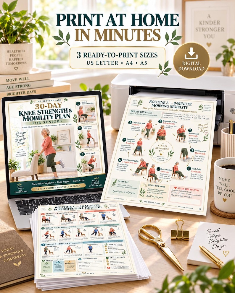 Knee Exercises for Seniors Printable 30 Day Strength and Mobility Plan with Illustrated Guide Tracker and Poster — original Etsy mockup 6