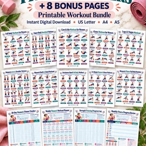 Op de afbeelding: Een digitaal pakket van 20 fitnessposters en 8 bonuspagina's met trainingsroutines, trackers en logboeken. De tekst bevat 20 FITNESS POSTERS, Printable Workout Bundle en Instant Digital Download in US Letter, A4 en A5 formaten.