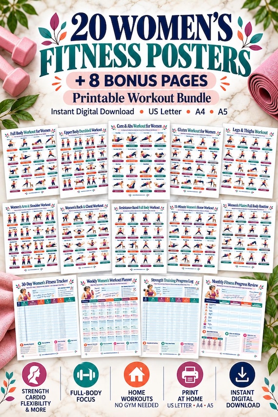 Home Workout Bundle for Women, 20 Exercise Posters + 8 Fitness Planners, Strength Dumbbell Pilates Mobility Printable PDF