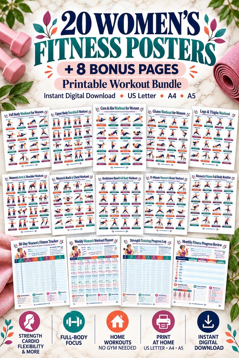 Home Workout Bundle for Women, 20 Exercise Posters + 8 Fitness Planners, Strength Dumbbell Pilates Mobility Printable PDF