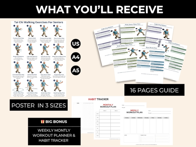 Printable Tai Chi Walking Exercises for Seniors, Balance Stability Routine (PDF) — original Etsy mockup 2
