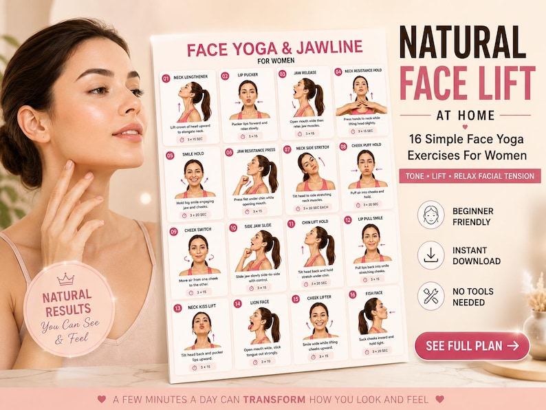 Face Yoga Jawline Exercises Printable | Facial & Neck Self-Care Chart — original Etsy mockup 3