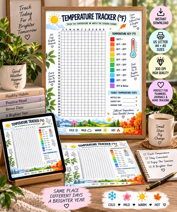 Temperature Tracker Printable, Yearly Weather Log, Daily Temperature Chart, Weather Tracker, Seasonal Tracker, Planner Insert PDF