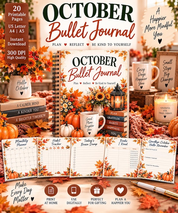 October Bullet Journal Printable, Pumpkin Fall Planner, Habit Mood Sleep Tracker, Weekly Planner, Autumn Journal PDF