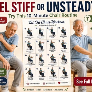 May include: A promotional image for a Tai Chi Chair Workout. The text reads "Feel Stiff or Unsteady? Try This 10-Minute Chair Routine." The image features an older man demonstrating the exercises. The routine is beginner-friendly and available for instant download.