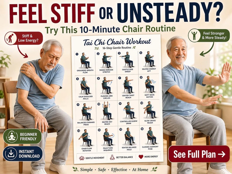 May include: A promotional image for a Tai Chi Chair Workout. The text reads "Feel Stiff or Unsteady? Try This 10-Minute Chair Routine." The image features an older man demonstrating the exercises. The routine is beginner-friendly and available for instant download.