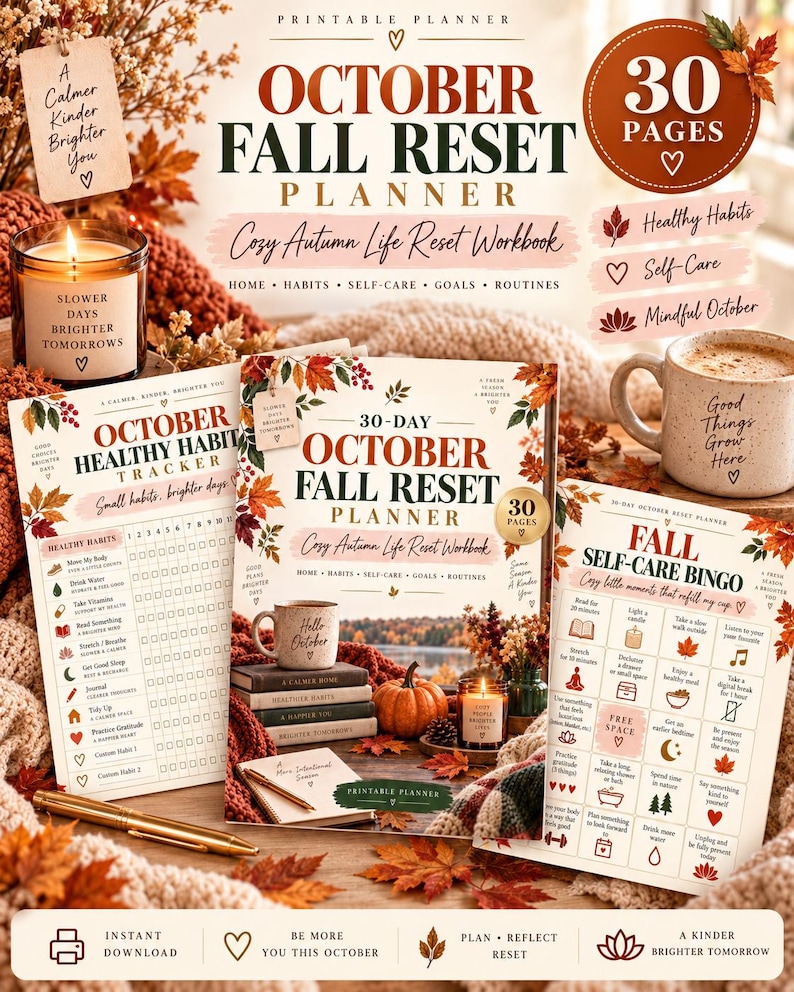 Autumn Reset Workbook Printable, 30 Page October Planner, Fall Home Organization Self Care Habit Tracker Goal Setting PDF — original Etsy mockup 7