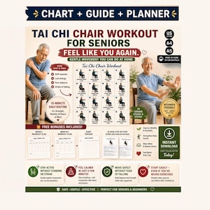Puede incluir: Un póster promocional para un entrenamiento de Tai Chi en silla para personas mayores. El póster incluye imágenes de ejercicios, texto e iconos. El texto incluye "Feel Like You Again" y "¡Descarga instantánea hoy!"