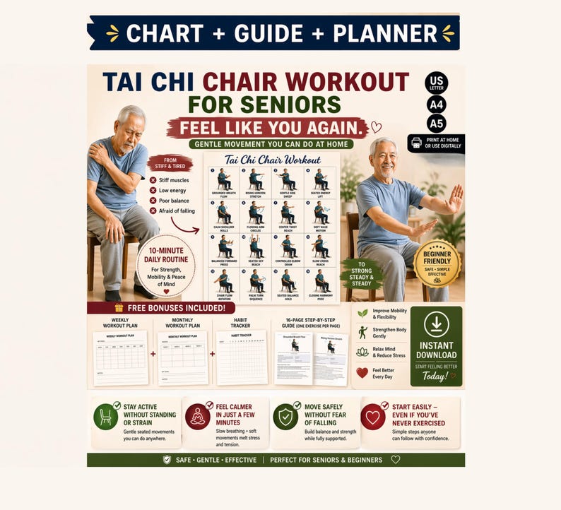 May include: A promotional poster for a Tai Chi Chair Workout for seniors. The poster includes images of exercises, text, and icons. The text includes "Feel Like You Again" and "Instant Download Today!"