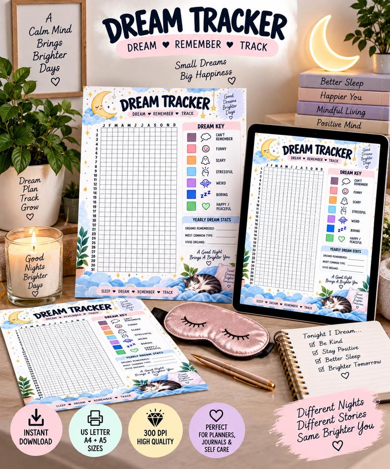 Yearly Dream Tracker, Dream Journal Printable, Daily Dream Log, Dream Recall Journal, Sleep Diary, Dream Mood Tracker, Planner Insert PDF — original Etsy mockup 3
