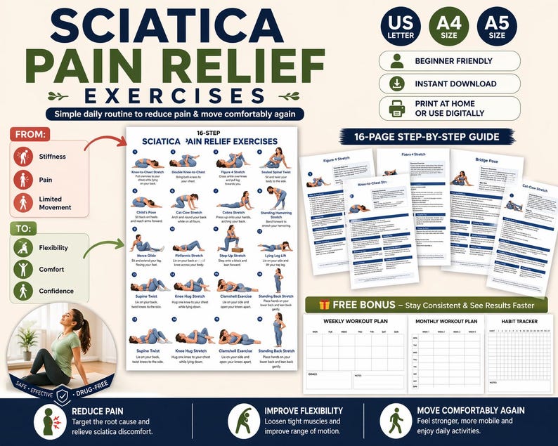 Sciatica Exercises Printable, Gentle Lower Back & Hip Stretch Routine, Sciatic Nerve Mobility Chart PDF — original Etsy mockup 7