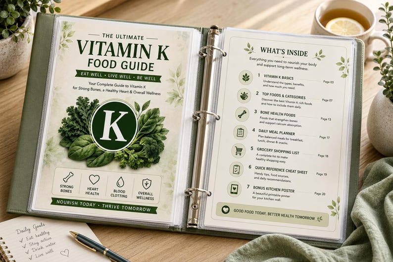 Vitamin K Food Chart & Nutrition Guide | Bone Health, K1 vs K2 (PDF) — original Etsy mockup 7