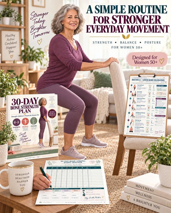 30-Day Bone Health Planner Printable, Strength and Balance Exercise Calendar, Women 50+ Home Workout Tracker, 3-Size PDF Bundle
